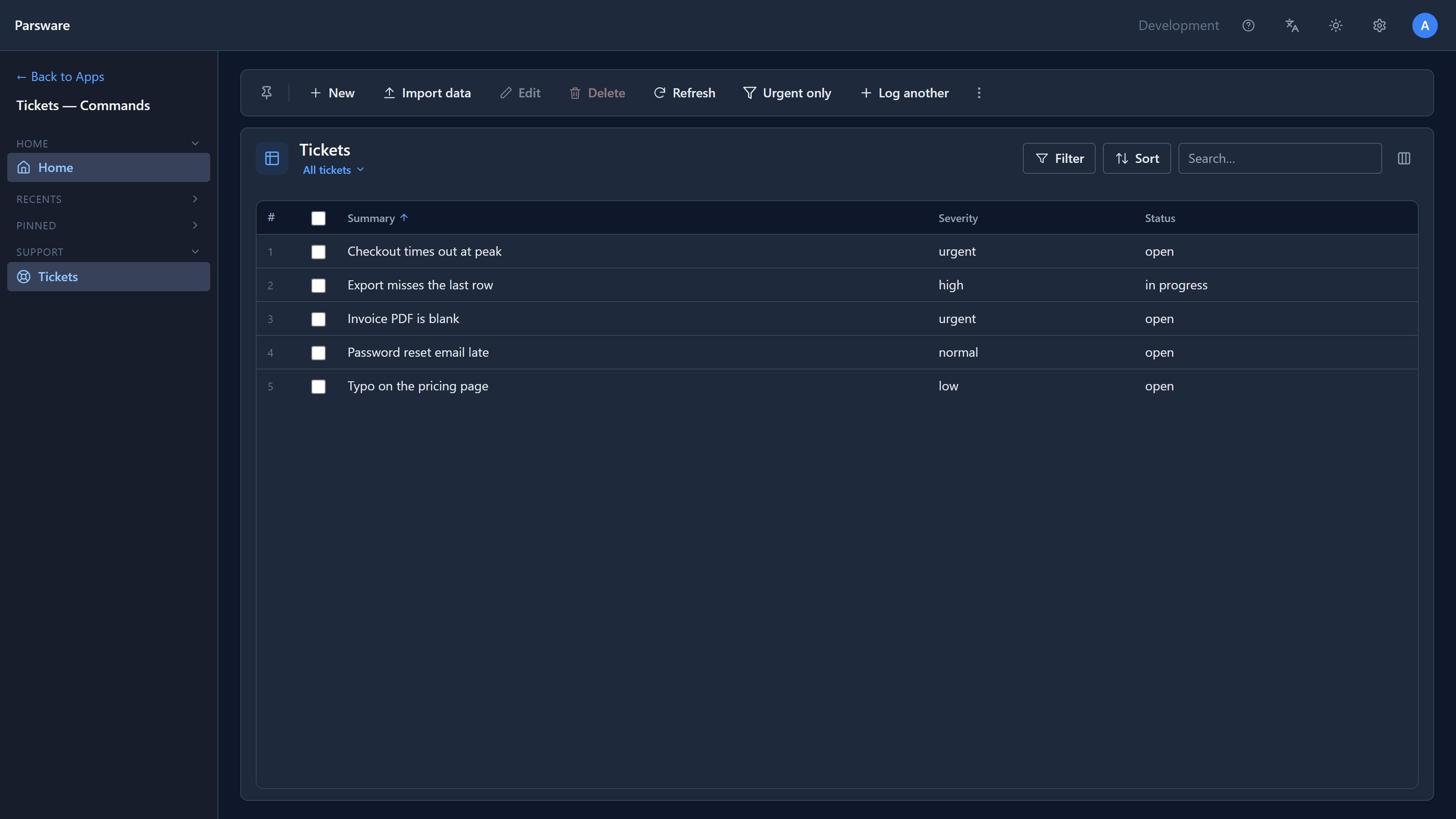 The Tickets list: New, Import data, Edit, Delete and Refresh, then Urgent only and Log another, and a three-dot menu open on Open the first ticked. Five tickets below, two of them urgent