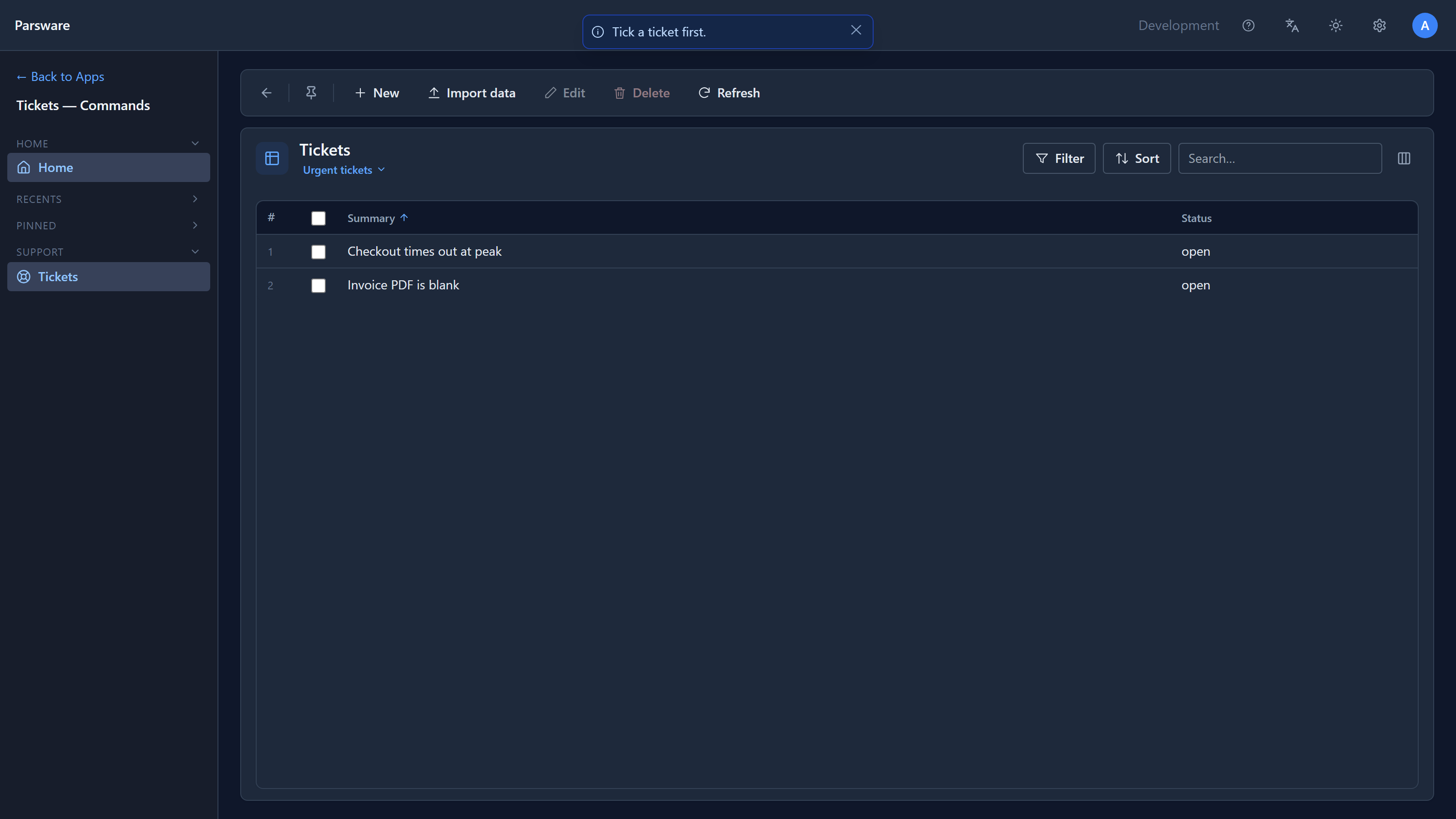 The same list switched to the Urgent tickets view, showing Checkout times out at peak and Invoice PDF is blank