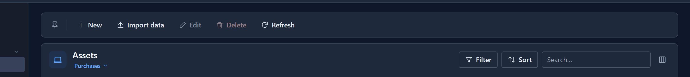 The Assets list's command bar: New, Import data, Edit, Delete and Refresh
