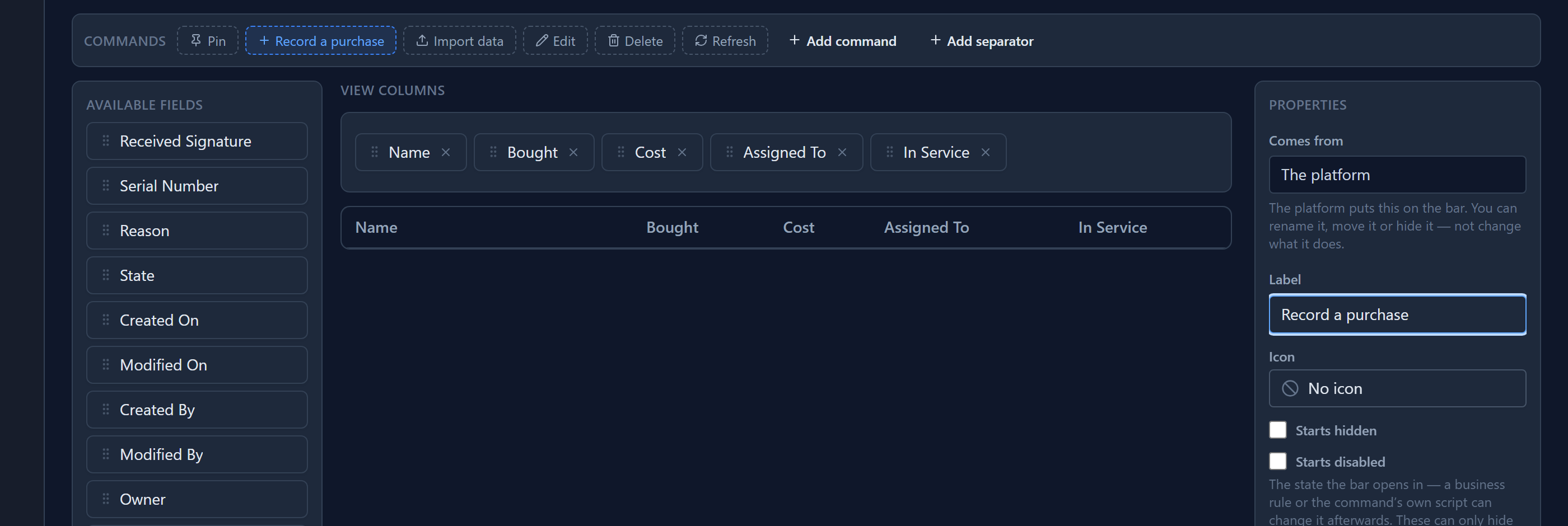 The Commands strip with the New chip selected and now reading Record a purchase, and the Properties panel showing Comes from The platform, Label, Icon No icon, Starts hidden and Starts disabled