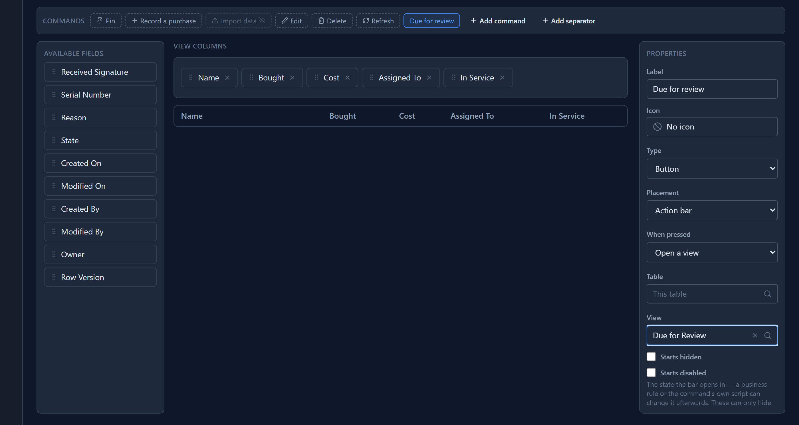 The new Due for review command selected: Label Due for review, Type Button, Placement Action bar, When pressed Open a view, Table This table, View Due for Review