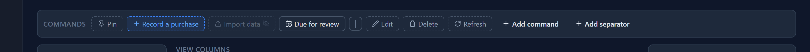 The finished strip: Pin, Record a purchase, Import data faded, Due for review, a separator, Edit, Delete and Refresh