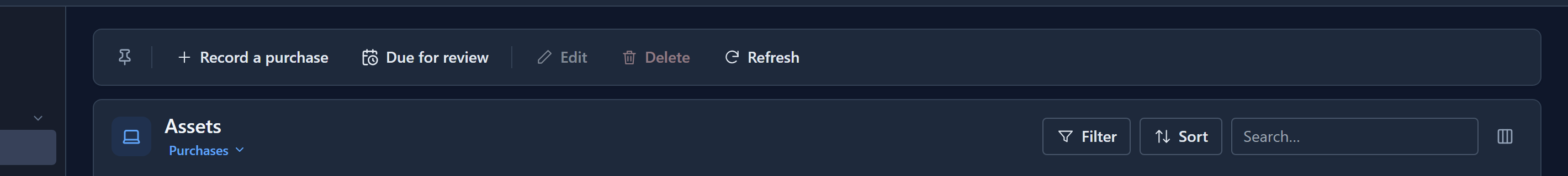 The Assets list's command bar after saving: Record a purchase, Due for review, a divider, then Edit, Delete and Refresh