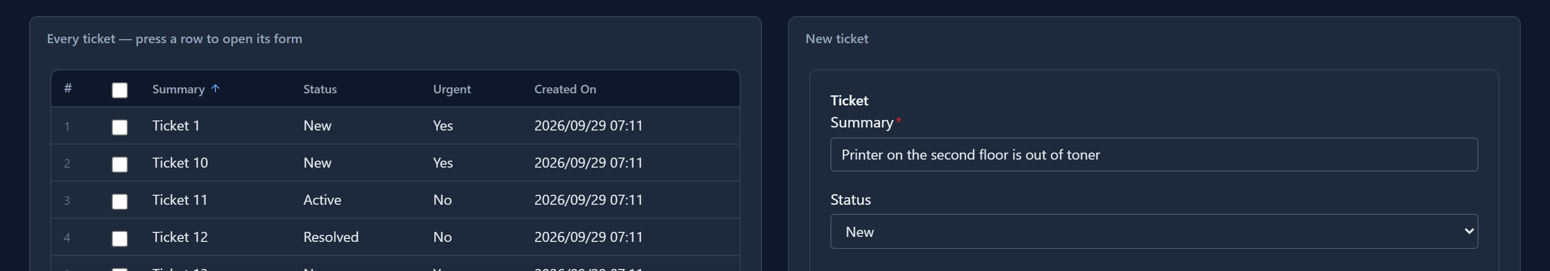 The Every ticket grid beside the New ticket form, filled in with Summary Printer on the second floor is out of toner, Status New and Urgent ticked