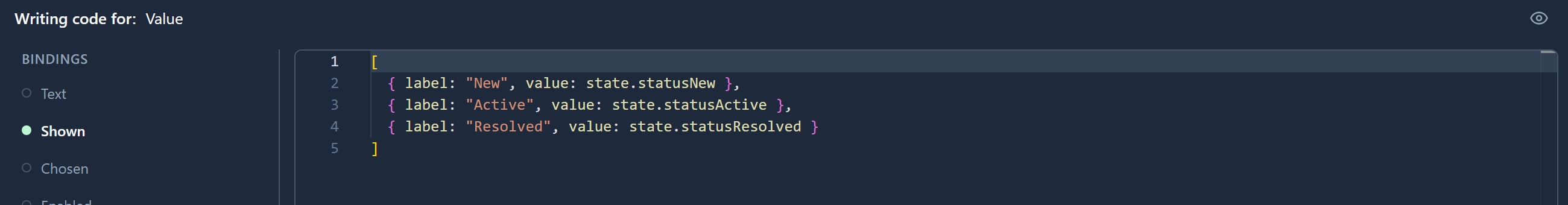 The code page for the chart's Value binding: a list of three items, label New with value state.statusNew, label Active with state.statusActive, label Resolved with state.statusResolved