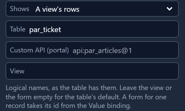 The Screen properties of the grid panel: Shows A view's rows, Table par_ticket, View left empty, with the note that an empty view or form means the table's default