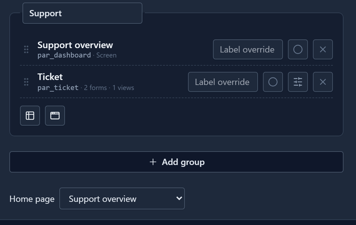 The app's navigation group Support holding Support overview (par_dashboard, Screen) and Ticket (par_ticket, 2 forms, 1 views), with Home page set to Support overview