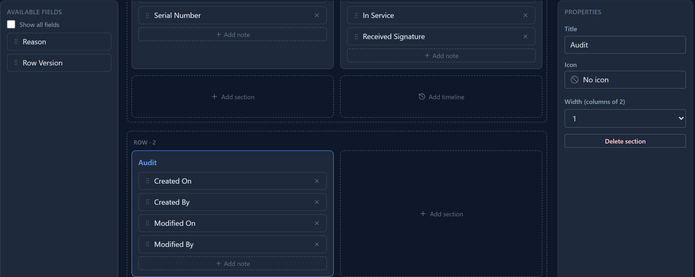 The Form Designer for the Information form: an Audit section holding Created On, Created By, Modified On and Modified By, with its Title set to Audit in the properties