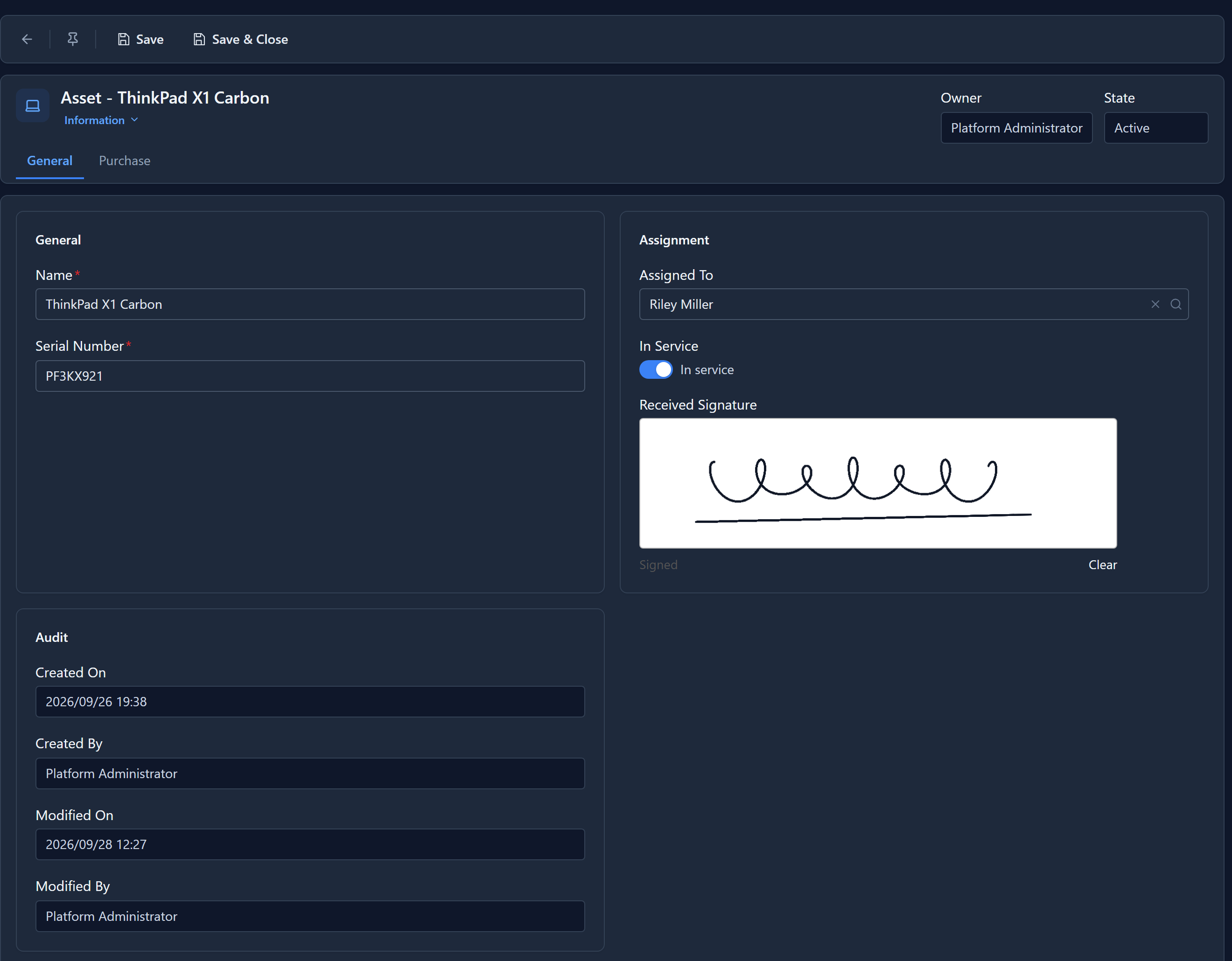The ThinkPad X1 Carbon asset: Owner Platform Administrator and State Active in the header, General and Assignment sections, and an Audit section showing Created On 2026/09/26 19:38, Created By Platform Administrator, Modified On 2026/09/28 12:27 and Modified By Platform Administrator