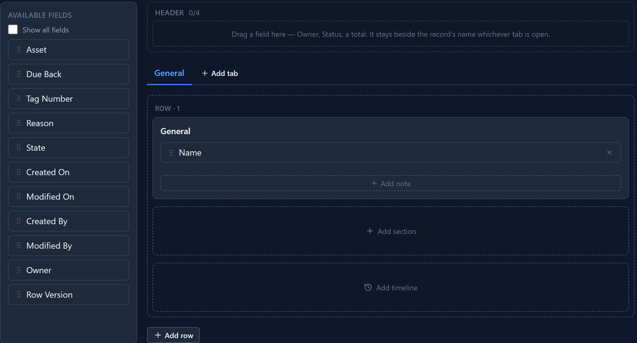 The Form Designer for the new Information form: one General section with only Name in it, and Asset, Due Back and Tag Number waiting under Available fields