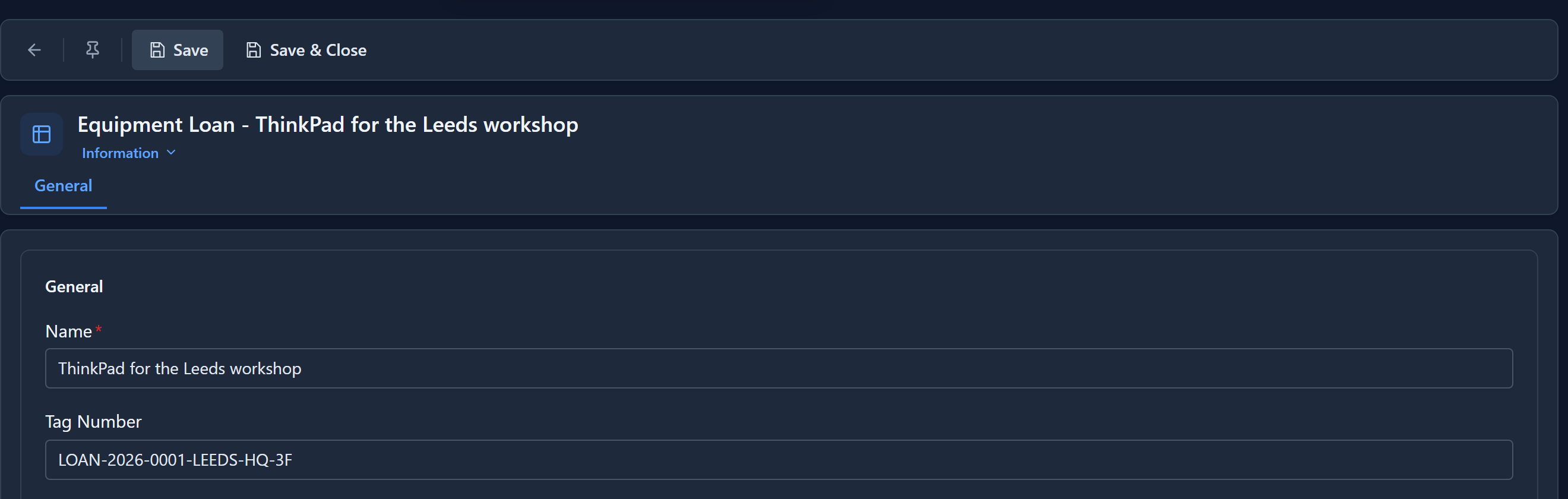 The new loan in the app: Equipment Loan - ThinkPad for the Leeds workshop, with Name and Tag Number LOAN-2026-0001-LEEDS-HQ-3F