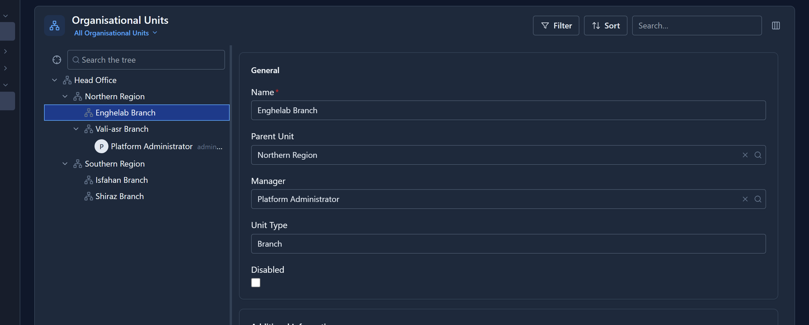 Enghelab Branch selected in the chart, and its form beside it: Name Enghelab Branch, Parent Unit Northern Region, Manager Platform Administrator, Unit Type Branch, Disabled unticked