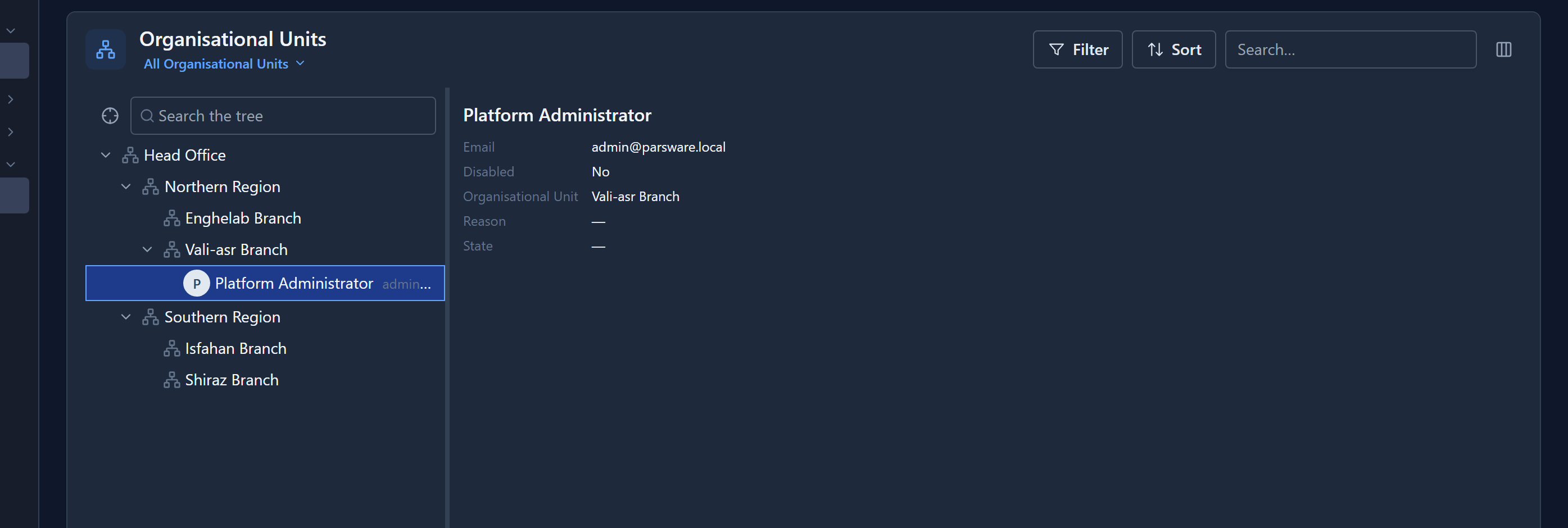 Platform Administrator selected under Vali-asr Branch, and a card beside the chart: Email admin@parsware.local, Disabled No, Organisational Unit Vali-asr Branch