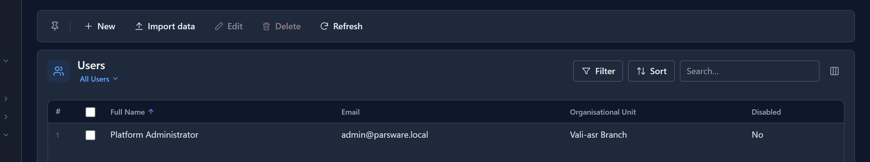 The Users page: Platform Administrator, admin@parsware.local, Organisational Unit Vali-asr Branch, Disabled No