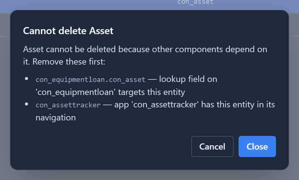 Cannot delete Asset: Asset cannot be deleted because other components depend on it. Remove these first: con_equipmentloan.con_asset, a lookup field on con_equipmentloan that targets this entity; con_assettracker, an app that has this entity in its navigation