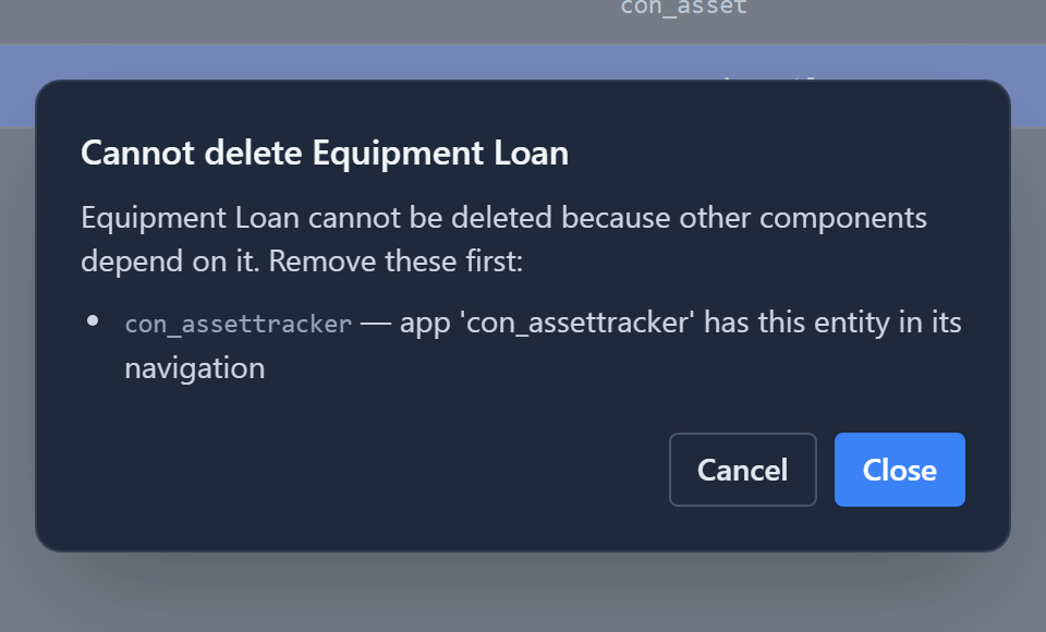 Cannot delete Equipment Loan: con_assettracker, an app that has this entity in its navigation