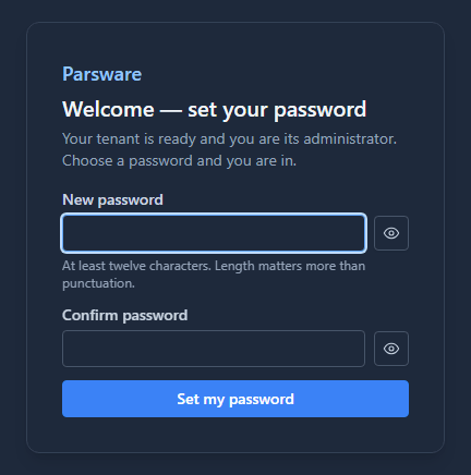 Welcome, set your password: New password and Confirm password, with the hint At least twelve characters. Length matters more than punctuation, and a Set my password button