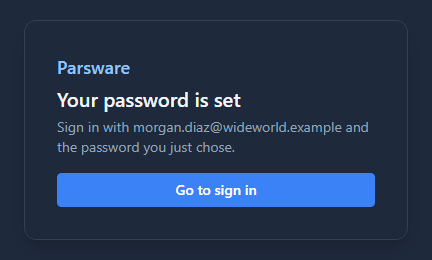 Your password is set. Sign in with morgan.diaz@wideworld.example and the password you just chose, with a Go to sign in button