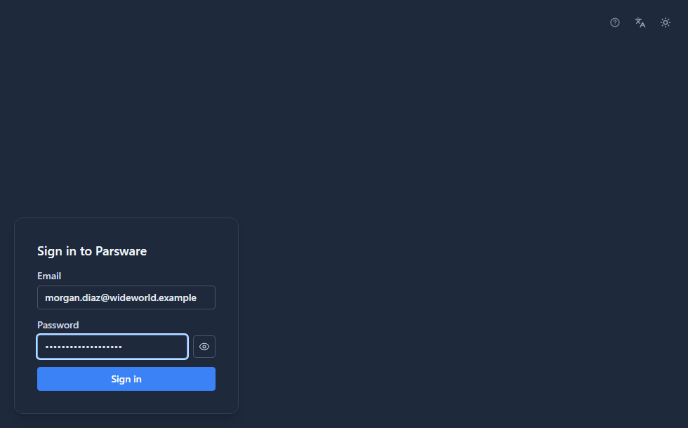 Sign in to Parsware, with the Email box already showing morgan.diaz@wideworld.example, the password typed, and Help, language and theme buttons in the corner