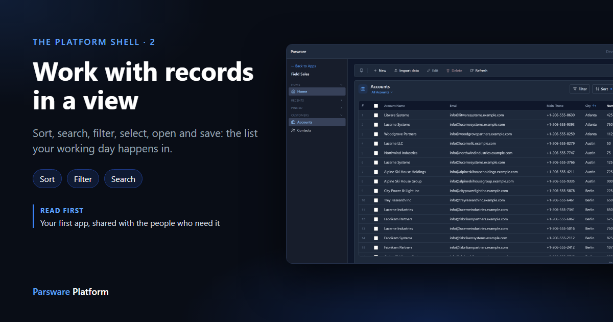 An Accounts view in the Parsware Platform Shell in dark mode, sorted by City and then by Number of Employees, next to the title "Work with records in a view"