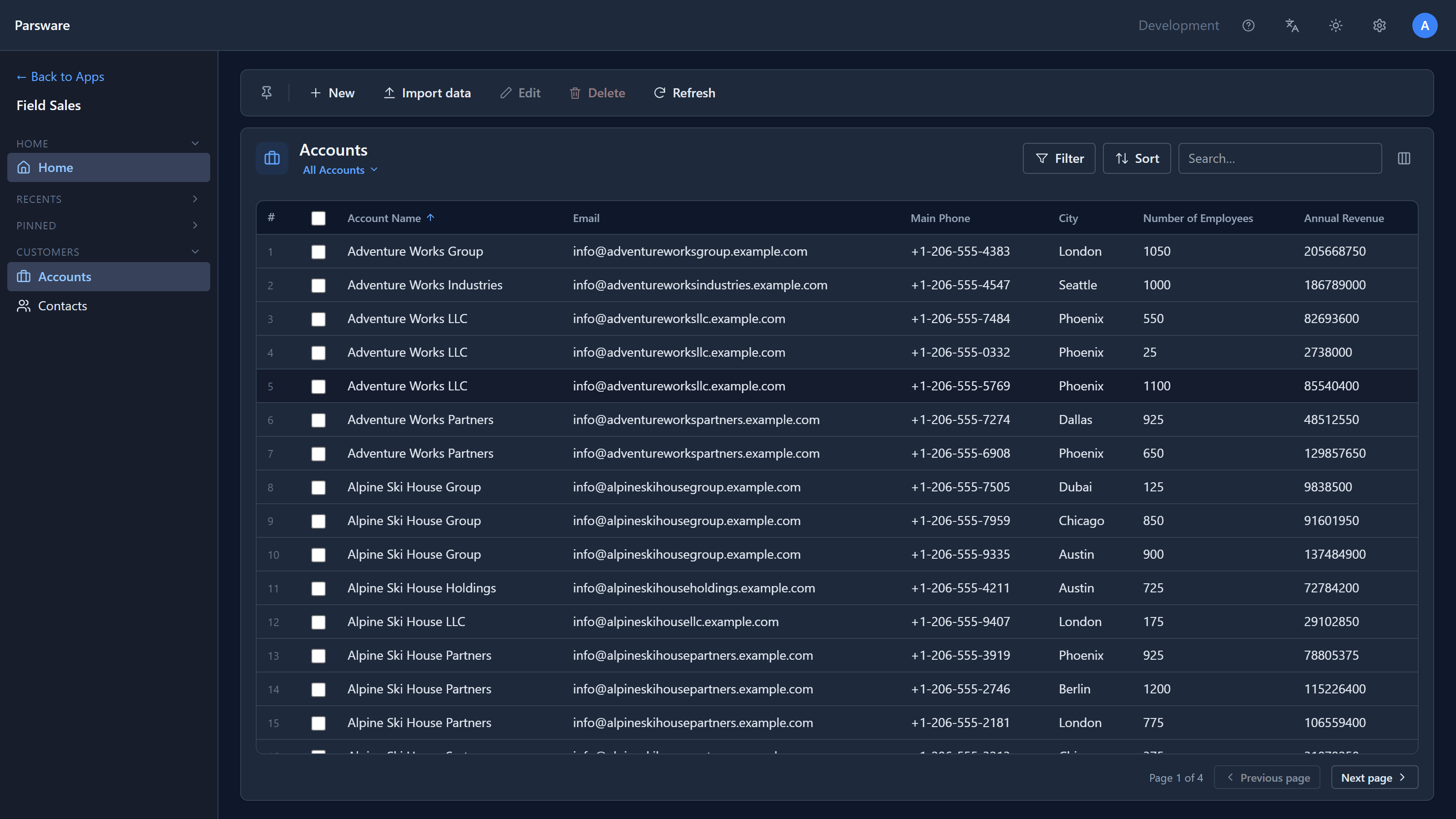 The Field Sales app open on Accounts: a command bar with New, Import data, Edit, Delete and Refresh, then the All Accounts view with Filter, Sort and a search box, a grid of accounts sorted by Account Name, and Page 1 of 4 at the bottom