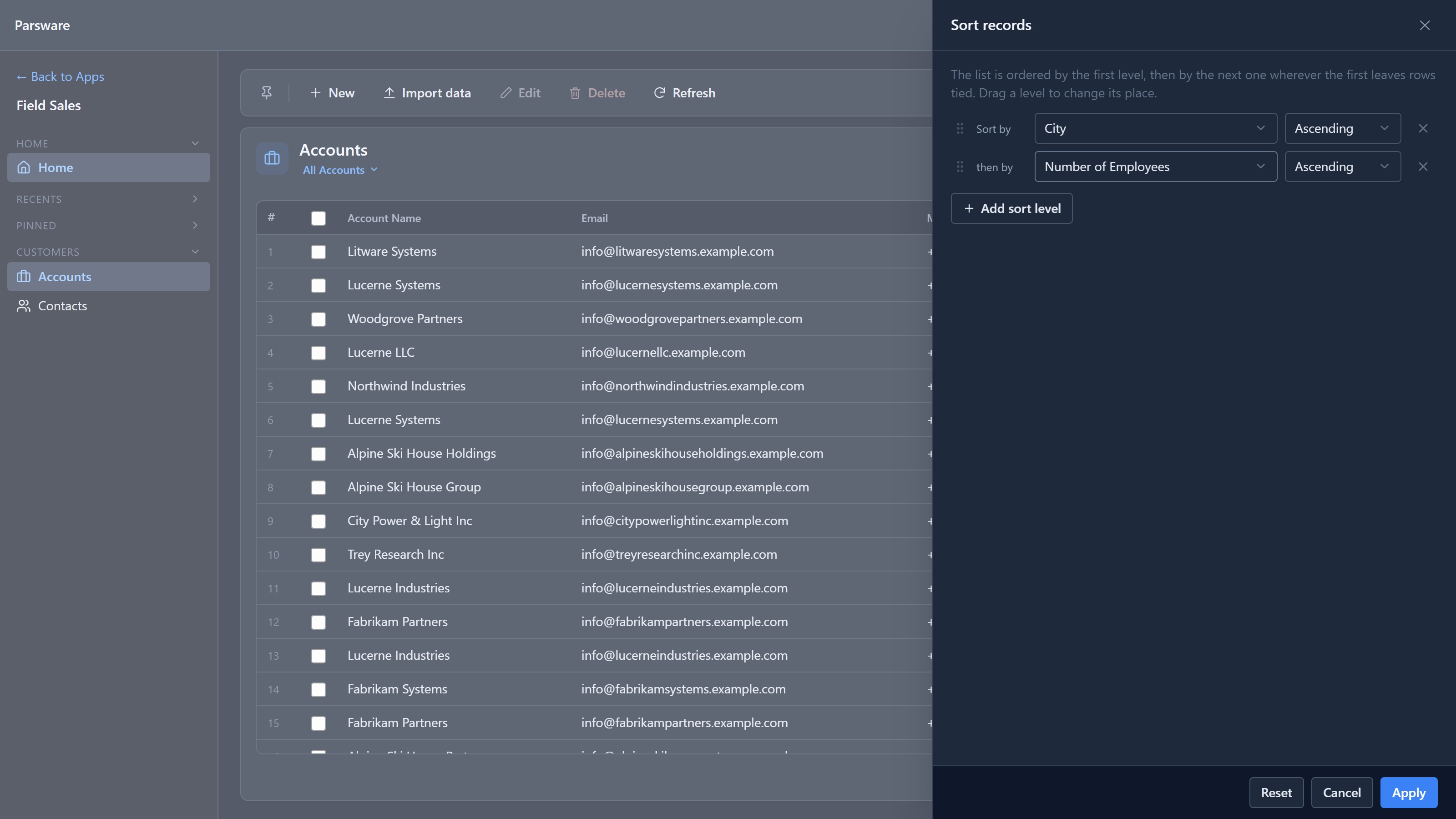 The Sort records panel: Sort by City ascending, then by Number of Employees ascending, Add sort level, and Reset, Cancel and Apply