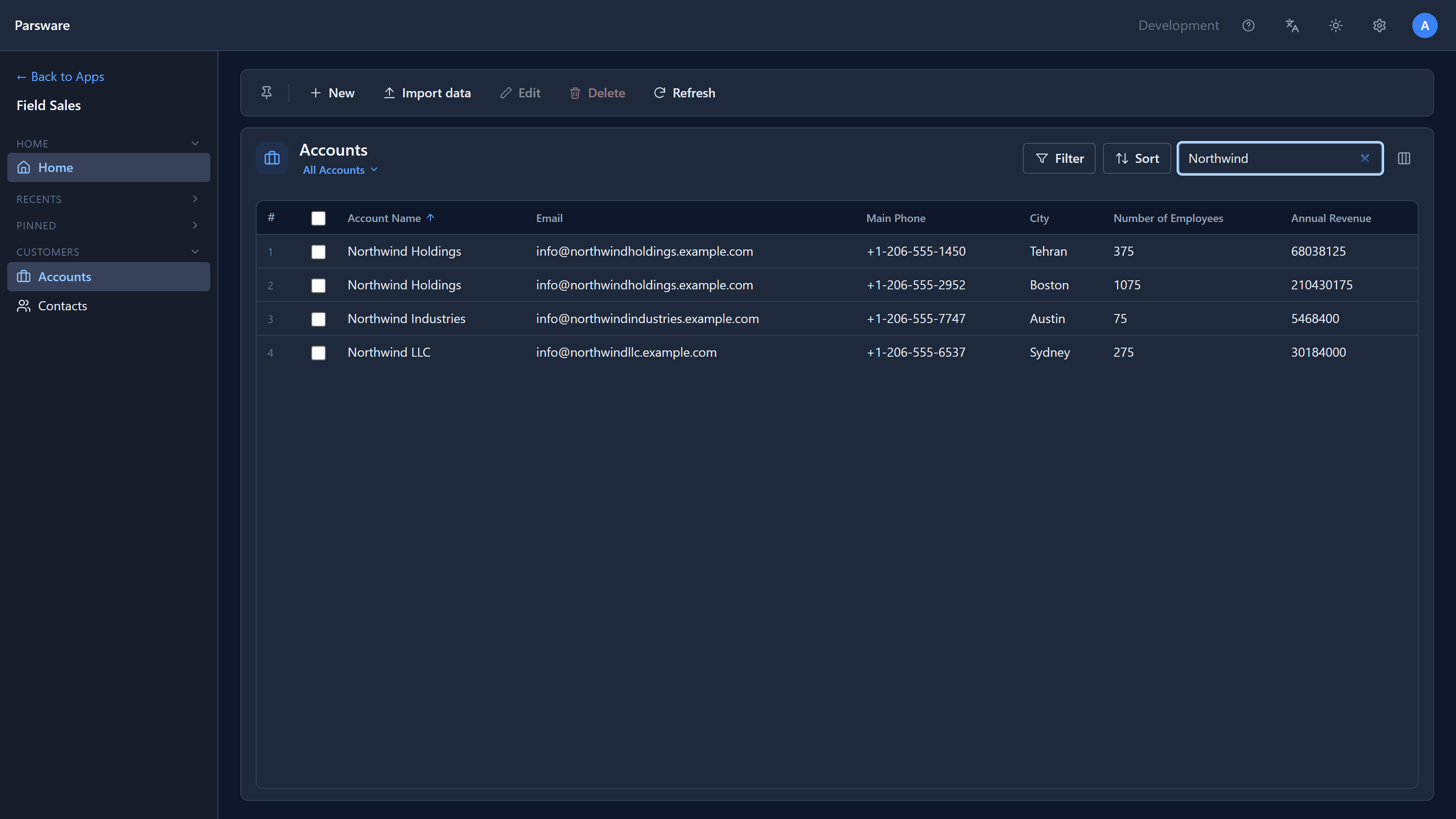The search box holding Northwind, and the grid narrowed to four accounts: two Northwind Holdings, Northwind Industries and Northwind LLC