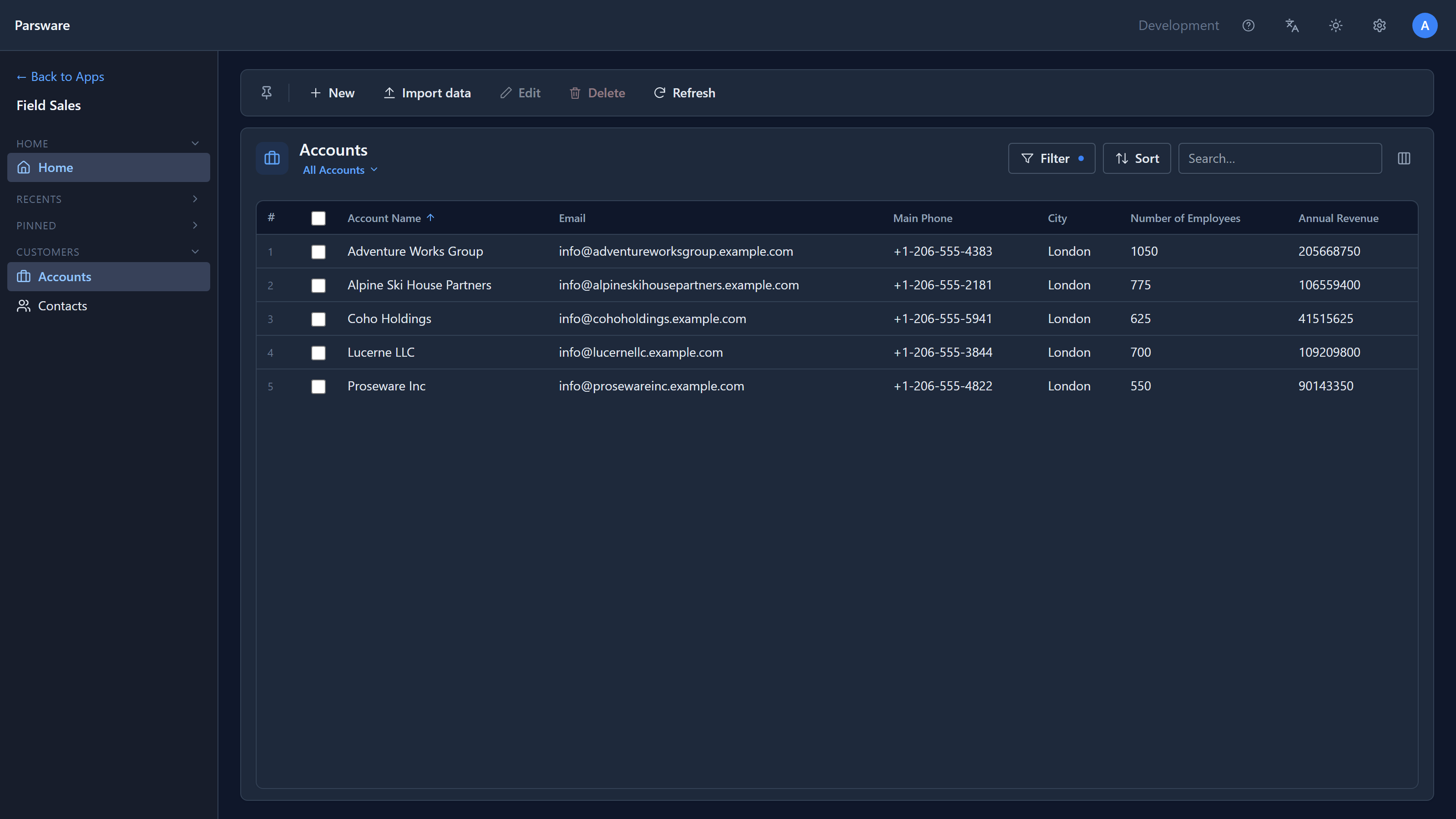 The Accounts grid filtered to five London accounts with 550 to 1050 employees, and a dot on the Filter button