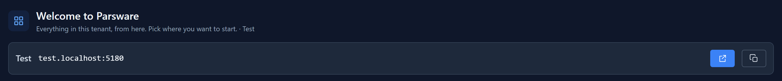 The Admin Control Center's home page: Welcome to Parsware, and the Test environment's address test.localhost:5180 with an open button and a copy button