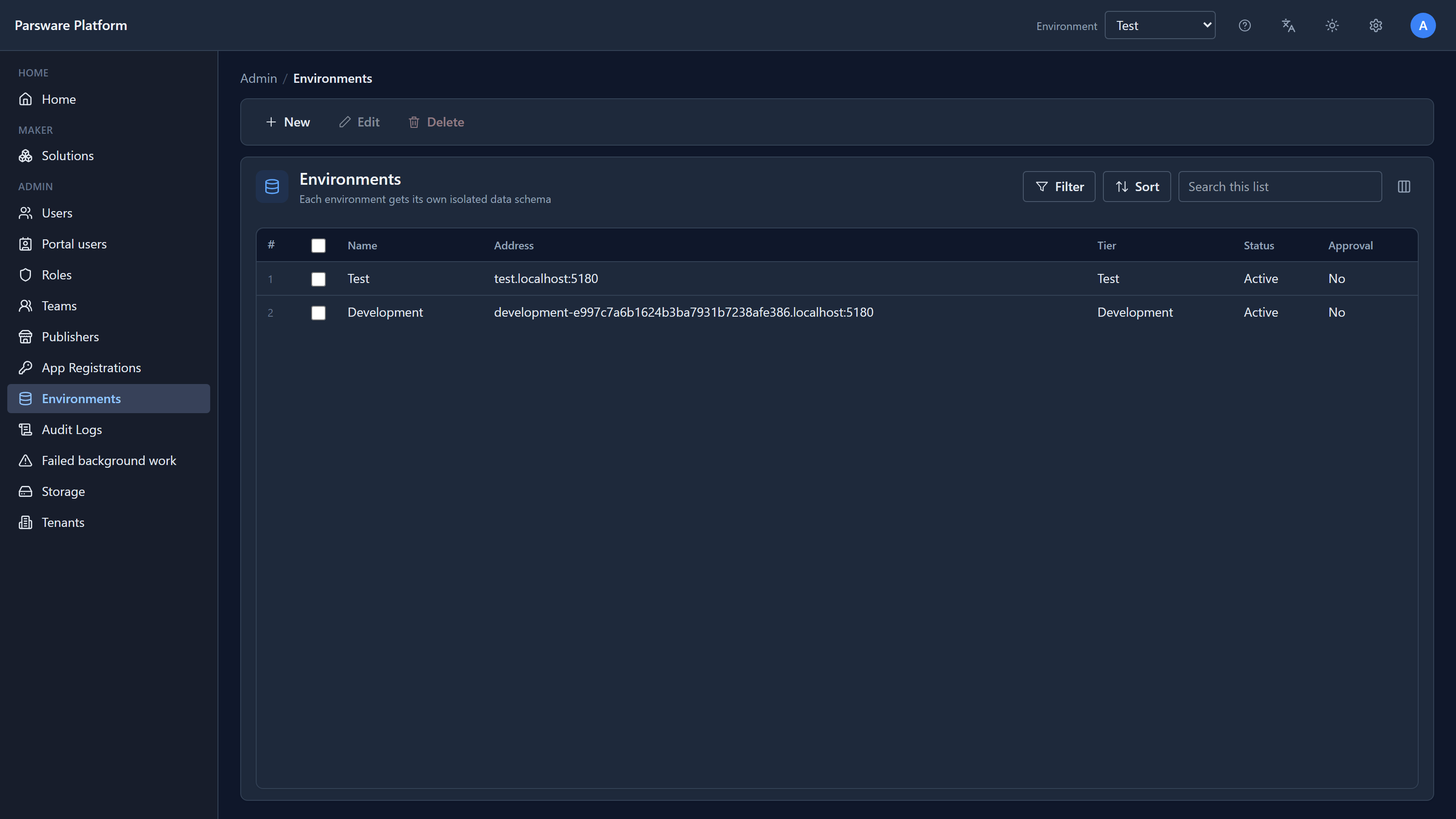 The Environments list: Test at test.localhost:5180 and Development at its own development address, each with its tier and Active status