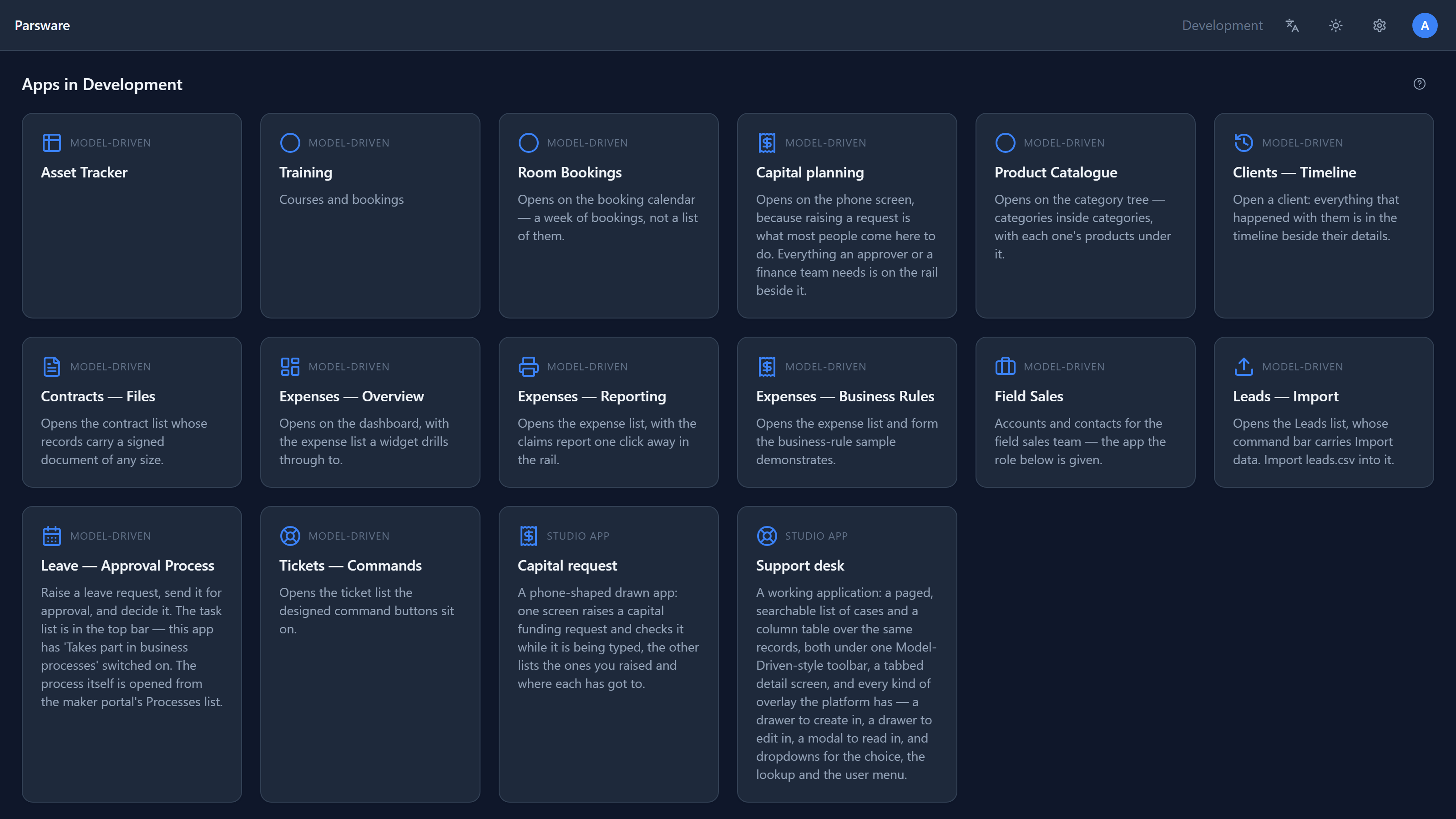 The Platform Shell with Development in the top bar and Apps in Development: Asset Tracker, Training, Room Bookings, Capital planning and more
