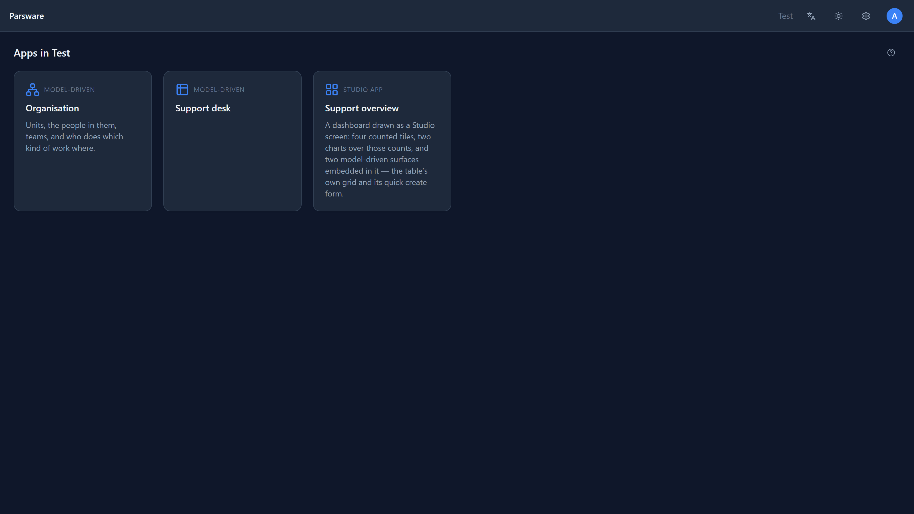 The Platform Shell with Test in the top bar and Apps in Test: Organisation, Support desk and Support overview