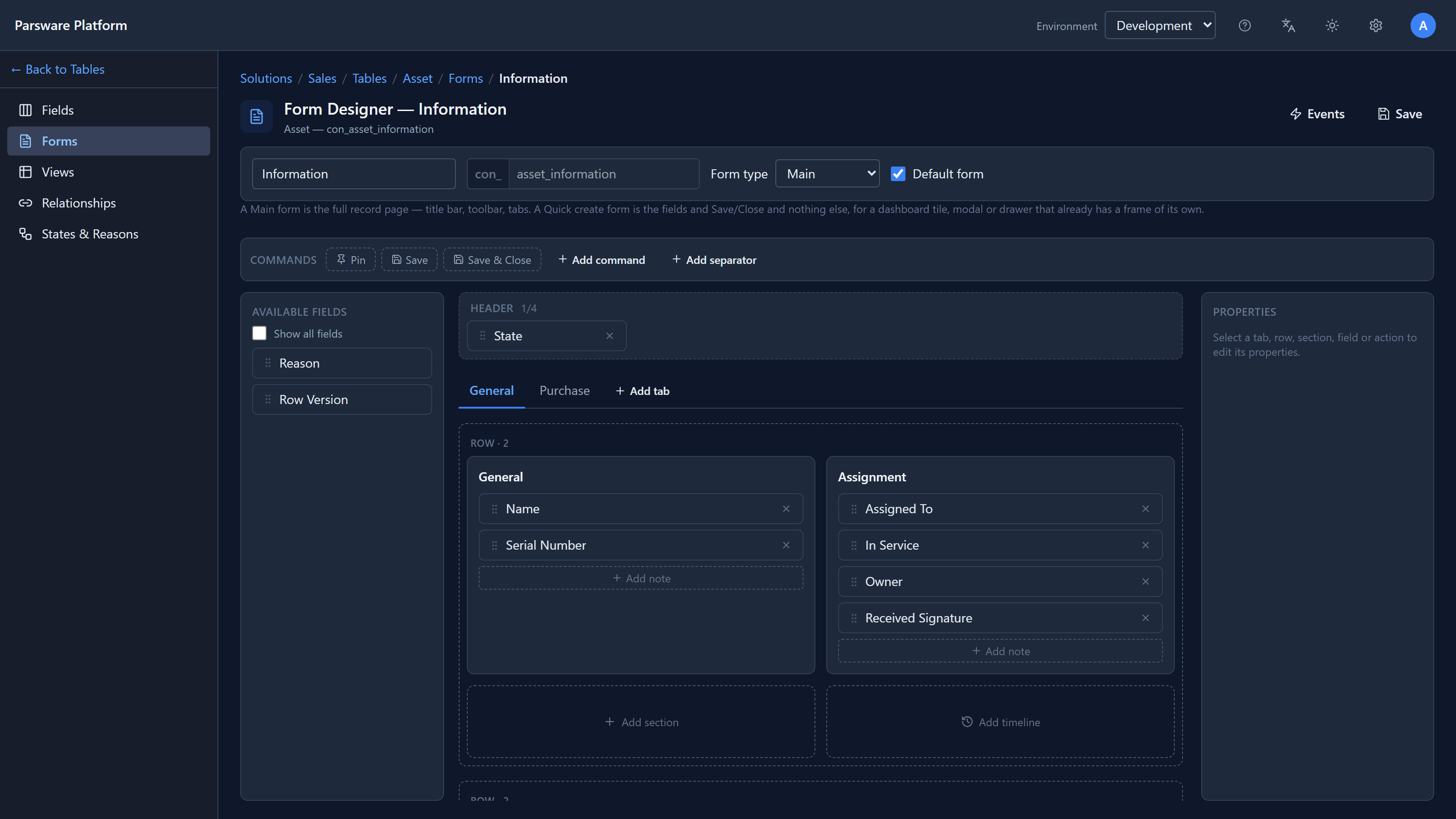 The form designer for the Asset form: the header holds State, and the Assignment section holds Assigned To, In Service, Owner and Received Signature