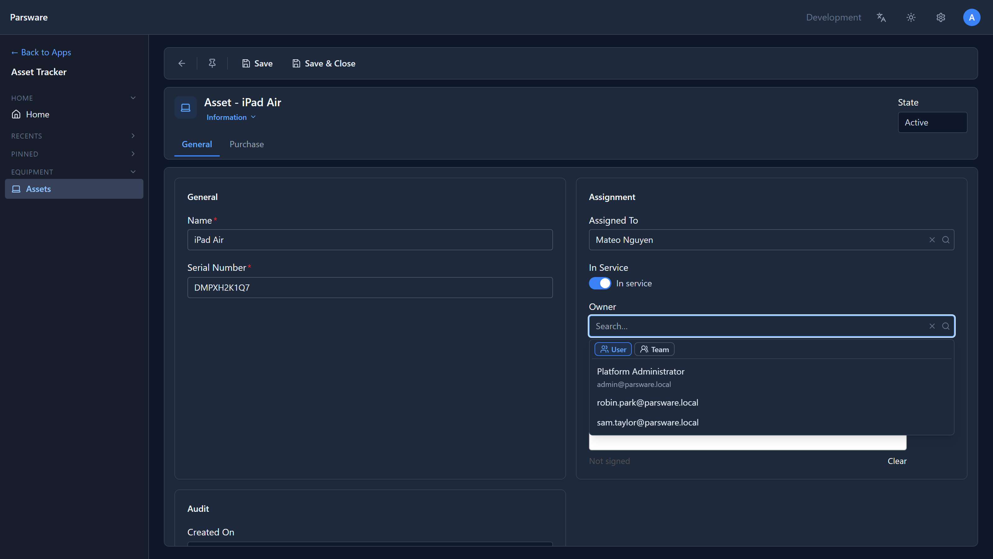 The iPad Air asset open, with the Owner panel showing User selected and three people: Platform Administrator, robin.park and sam.taylor