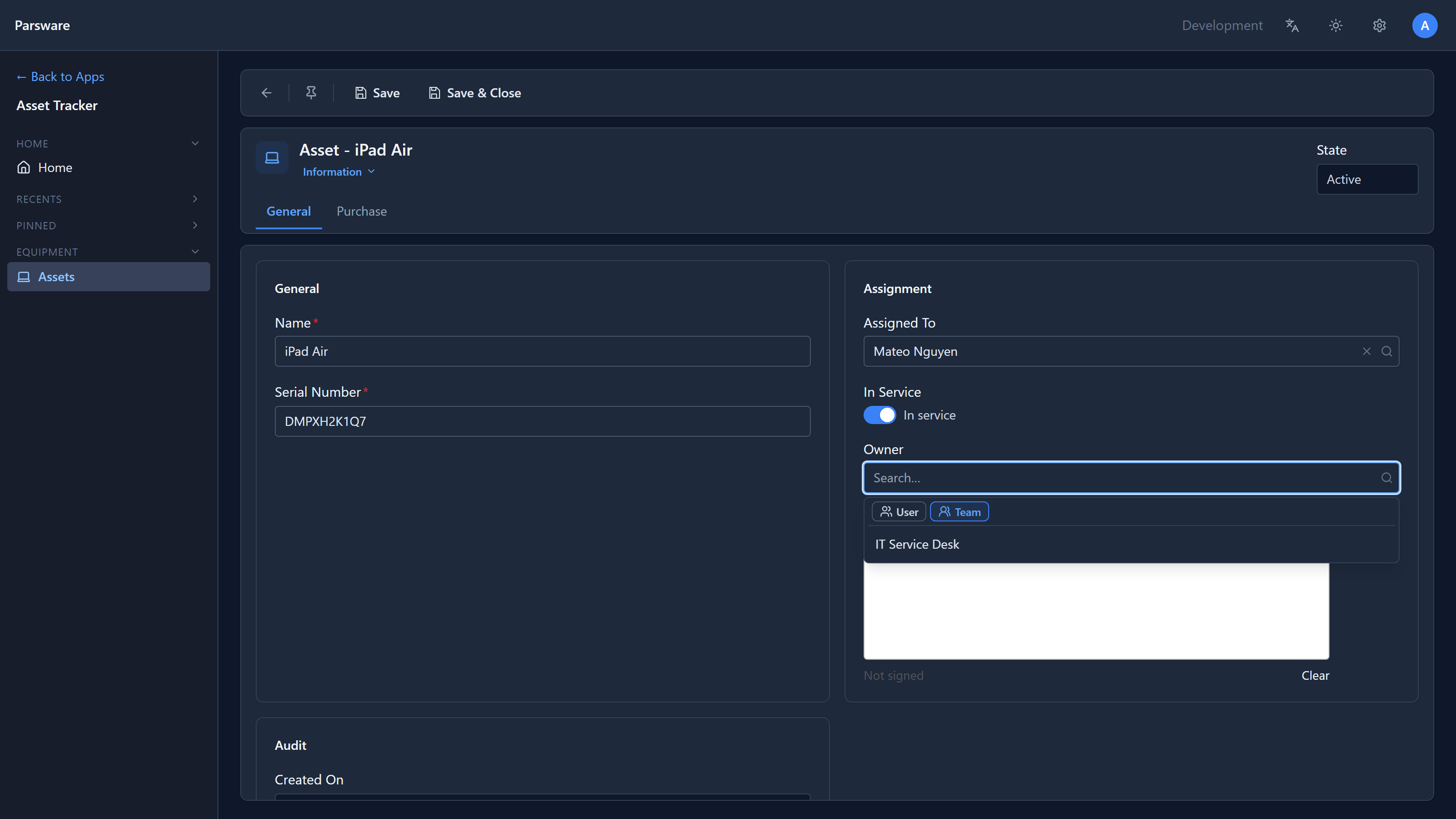 The same Owner panel with Team selected, listing IT Service Desk