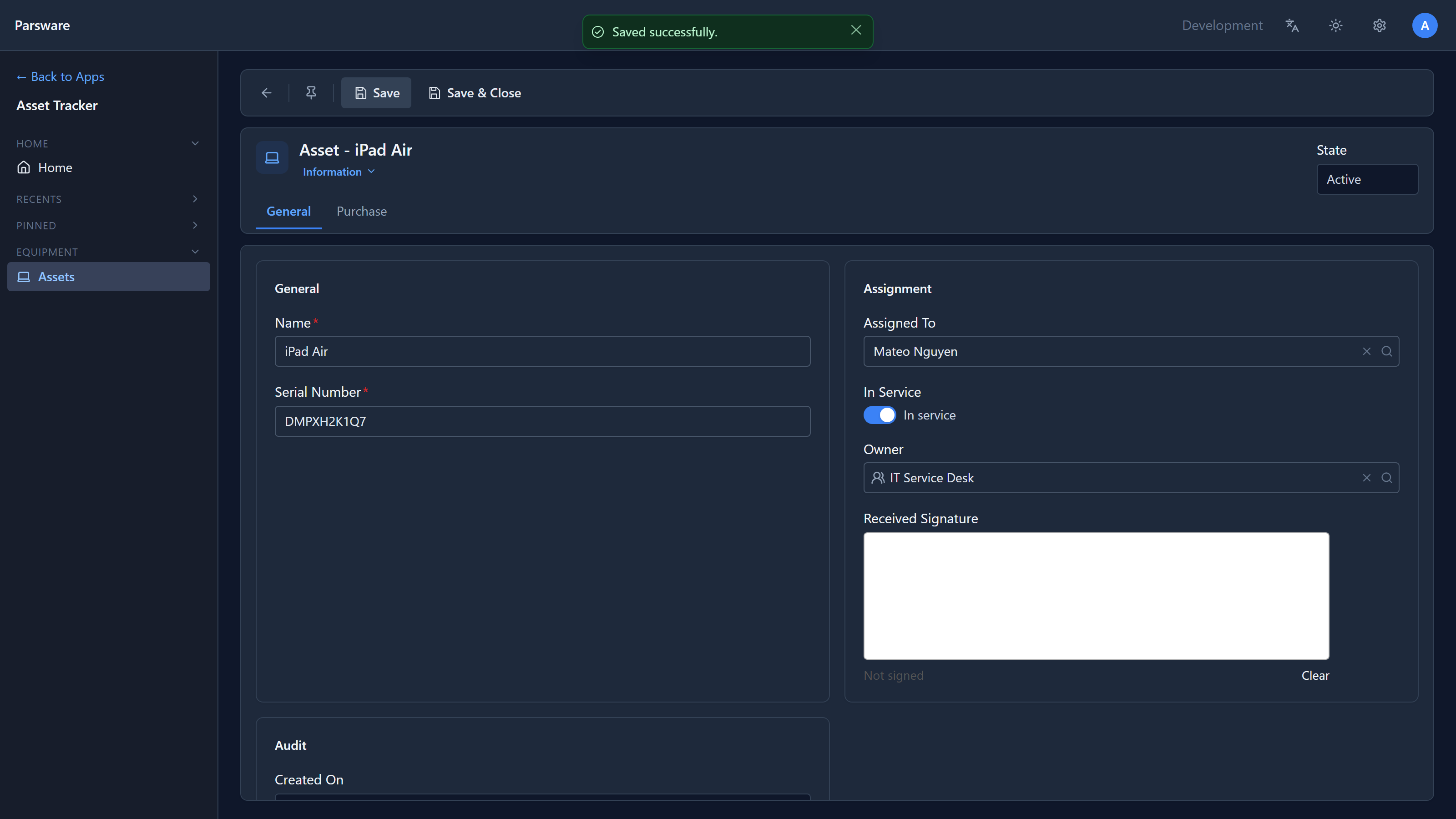 Saved successfully, and the Owner field showing IT Service Desk with a team icon in front of it
