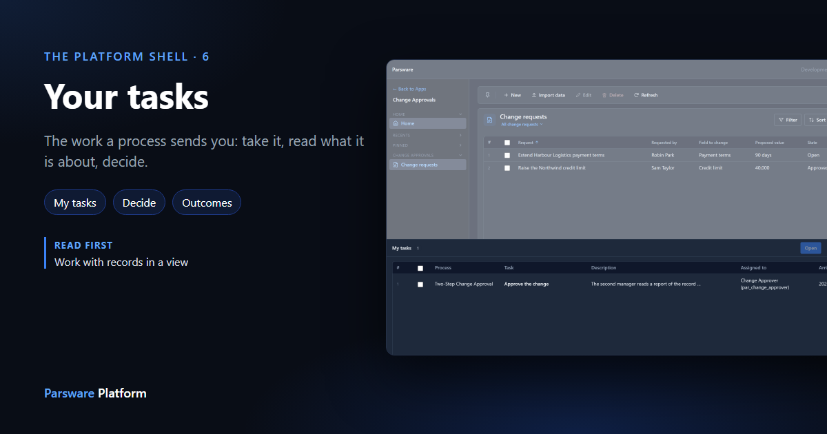 The Change Approvals app in dark mode with the My tasks list pulled up from the bottom, showing one task, Approve the change, offered to the Change Approver role, next to the title "Your tasks"