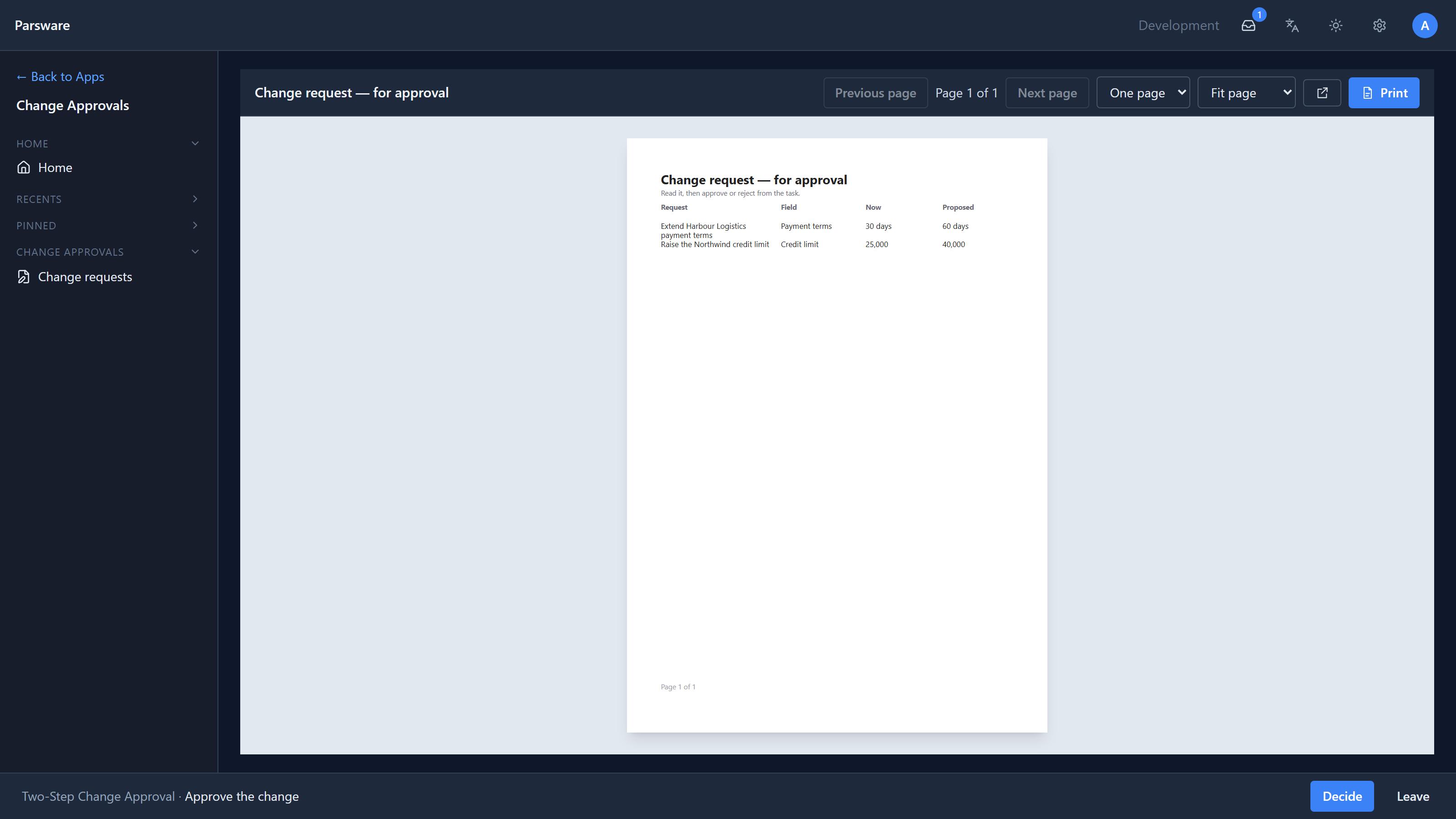 The Change request for approval report, read-only, with the bottom bar naming Two-Step Change Approval · Approve the change, with Decide and Leave