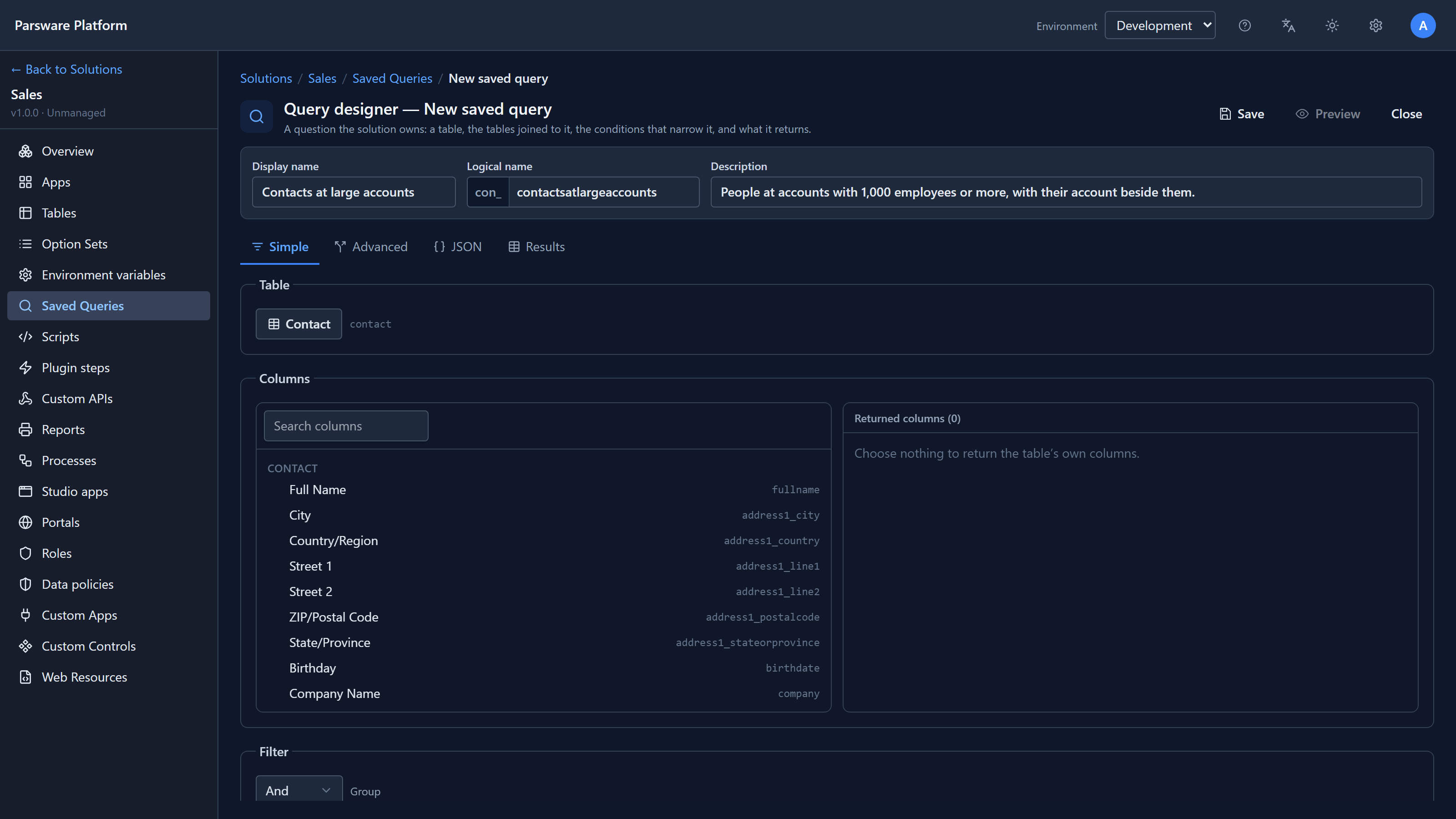 The query designer for a new saved query named Contacts at large accounts, with the Simple tab showing the Contact table chosen