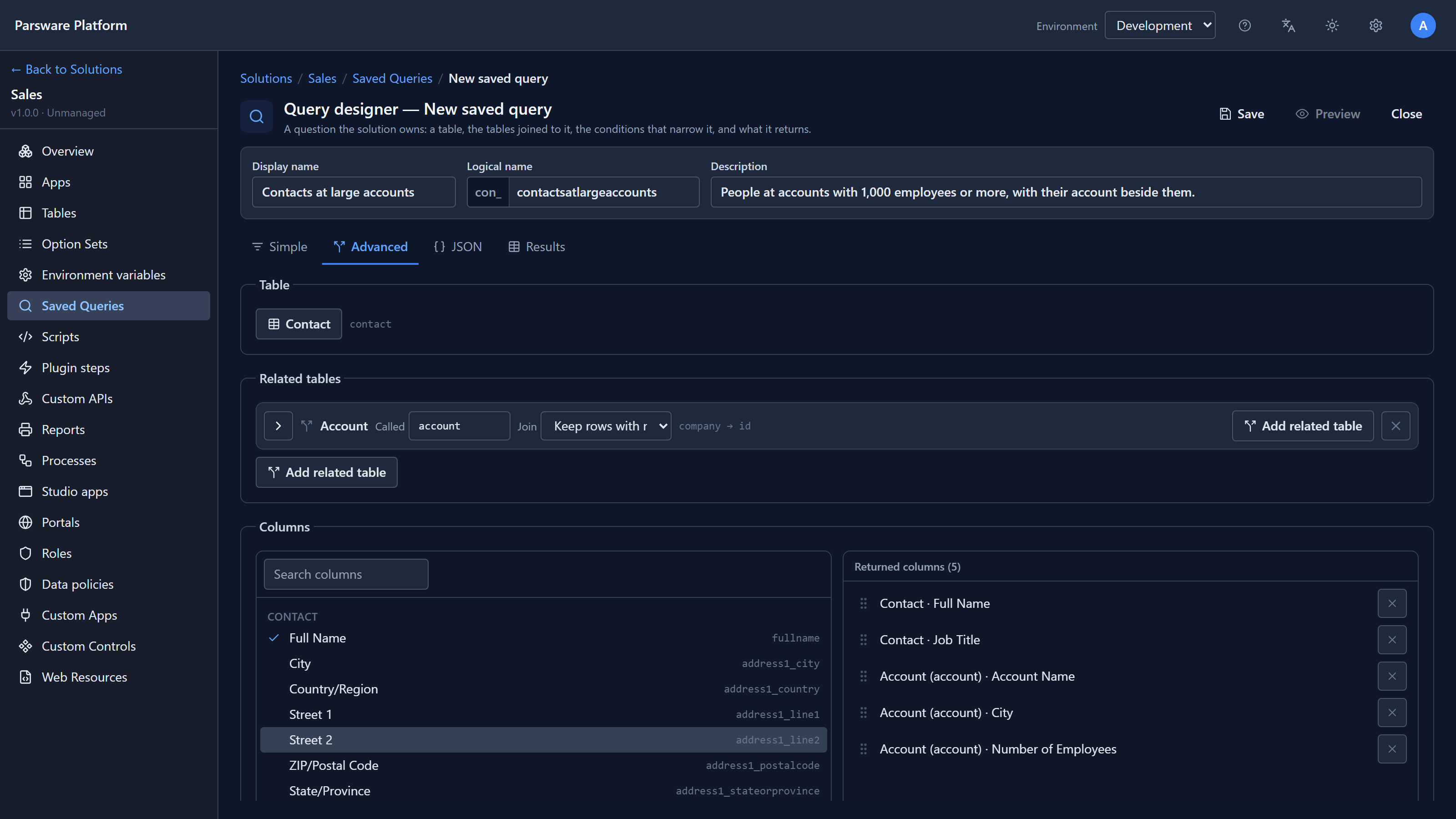 Related tables showing Account called account, joined company to id, keeping rows with no match; below, the column picker with Full Name ticked and Returned columns listing Contact Full Name, Contact Job Title, and the account's Account Name, City and Number of Employees