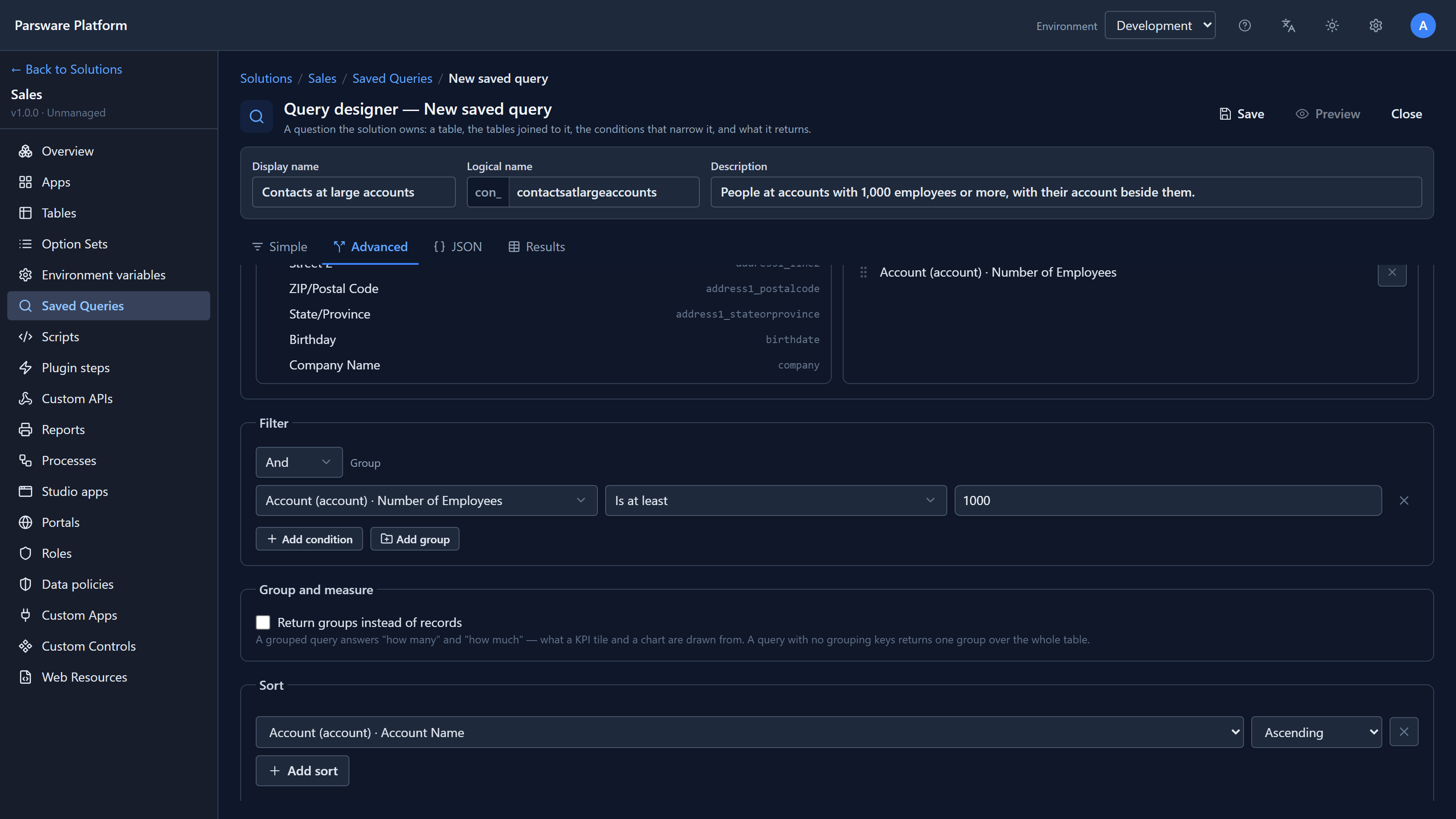 The Filter with one condition, Account Number of Employees Is at least 1000, then Group and measure unticked, and Sort by Account Name ascending