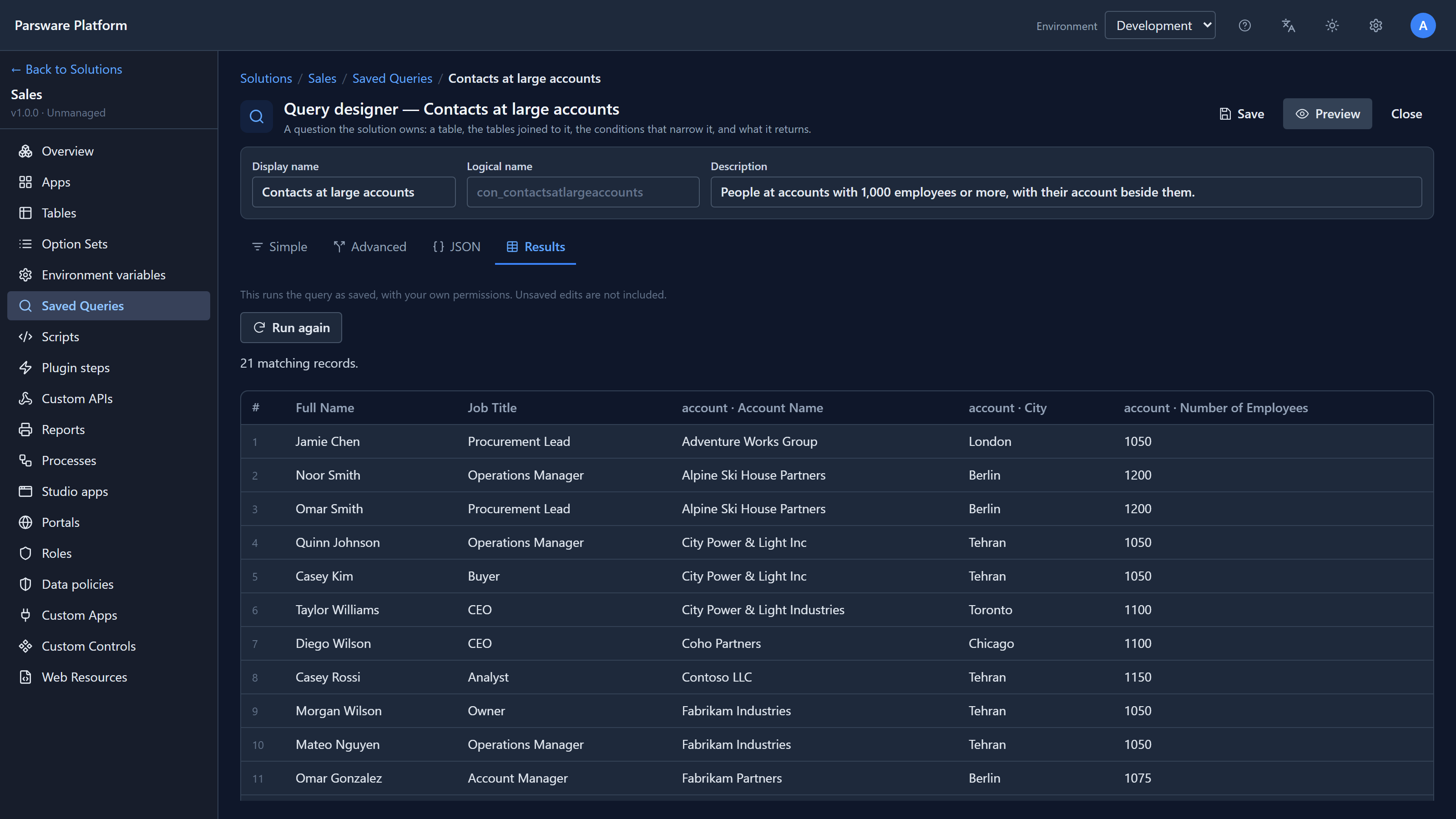 The Results tab: This runs the query as saved, with your own permissions, 21 matching records, and a table of contacts with Full Name, Job Title and the account's Account Name, City and Number of Employees, all 1050 or more