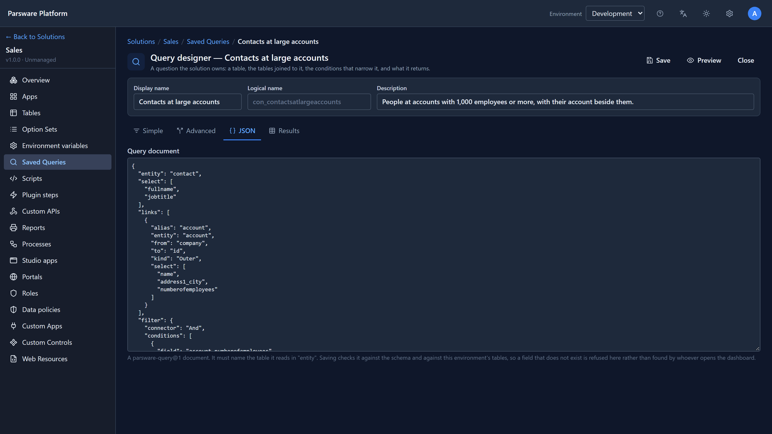 The JSON tab showing the query document: entity contact, select fullname and jobtitle, a link to account from company to id of kind Outer selecting name, address1_city and numberofemployees, and the start of the filter