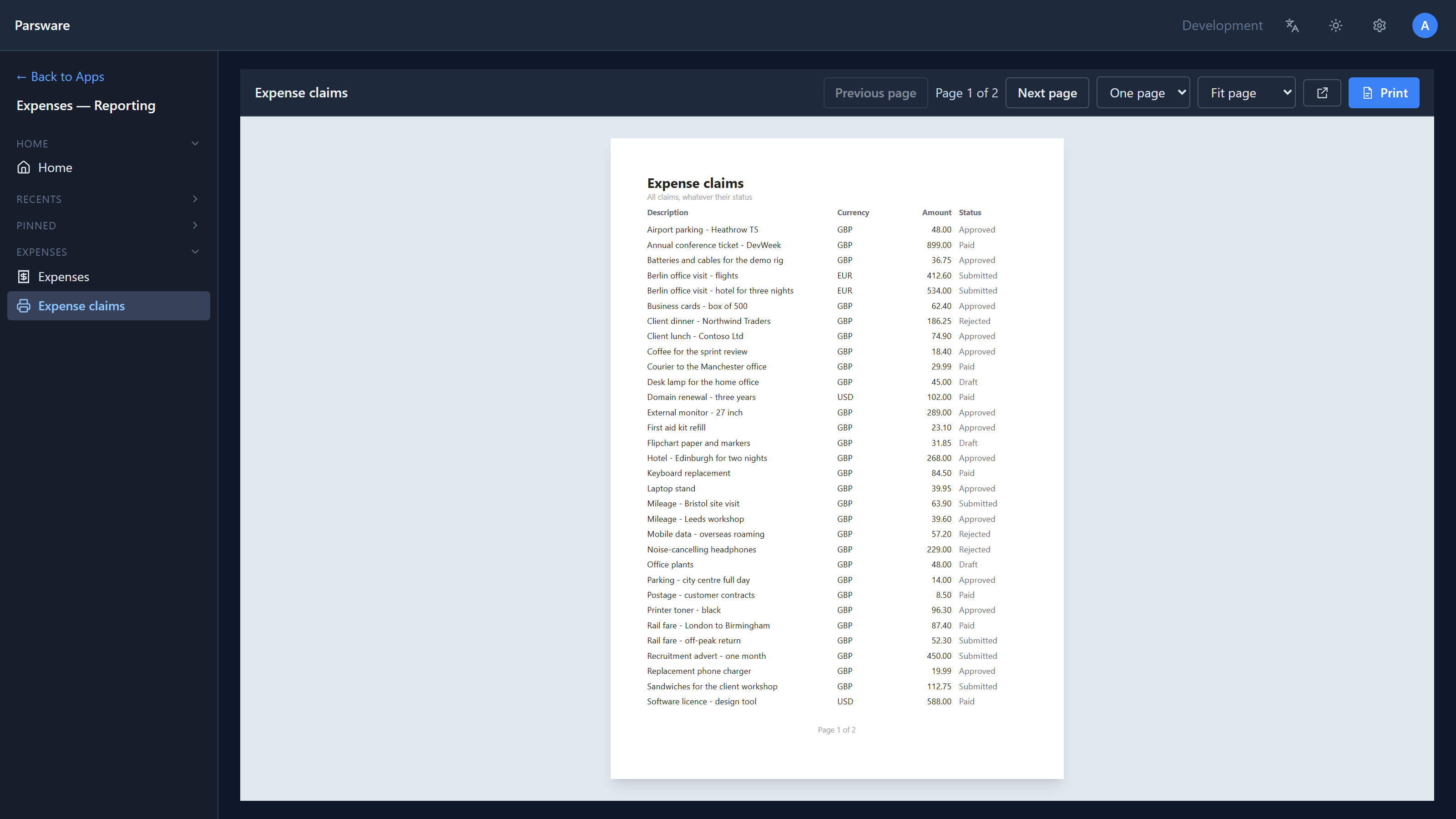 The Expense claims report in the Shell: page 1 of 2, a table of claims with Description, Currency, Amount and Status, from Airport parking - Heathrow T5 at 48.00 GBP to Software licence - design tool at 588.00 USD