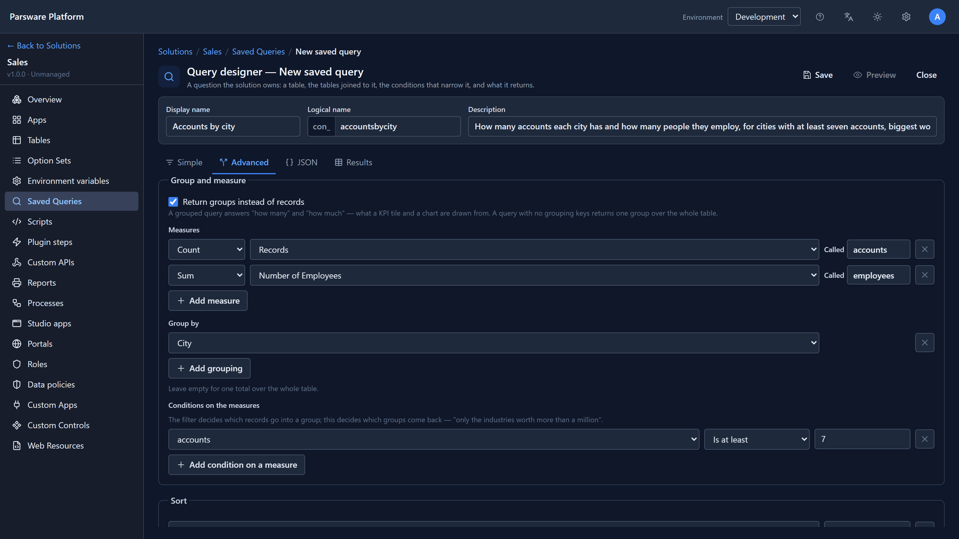 Group and measure with Return groups instead of records ticked: two measures, Count of Records called accounts and Sum of Number of Employees called employees; Group by City; and a condition on the measures, accounts Is at least 7