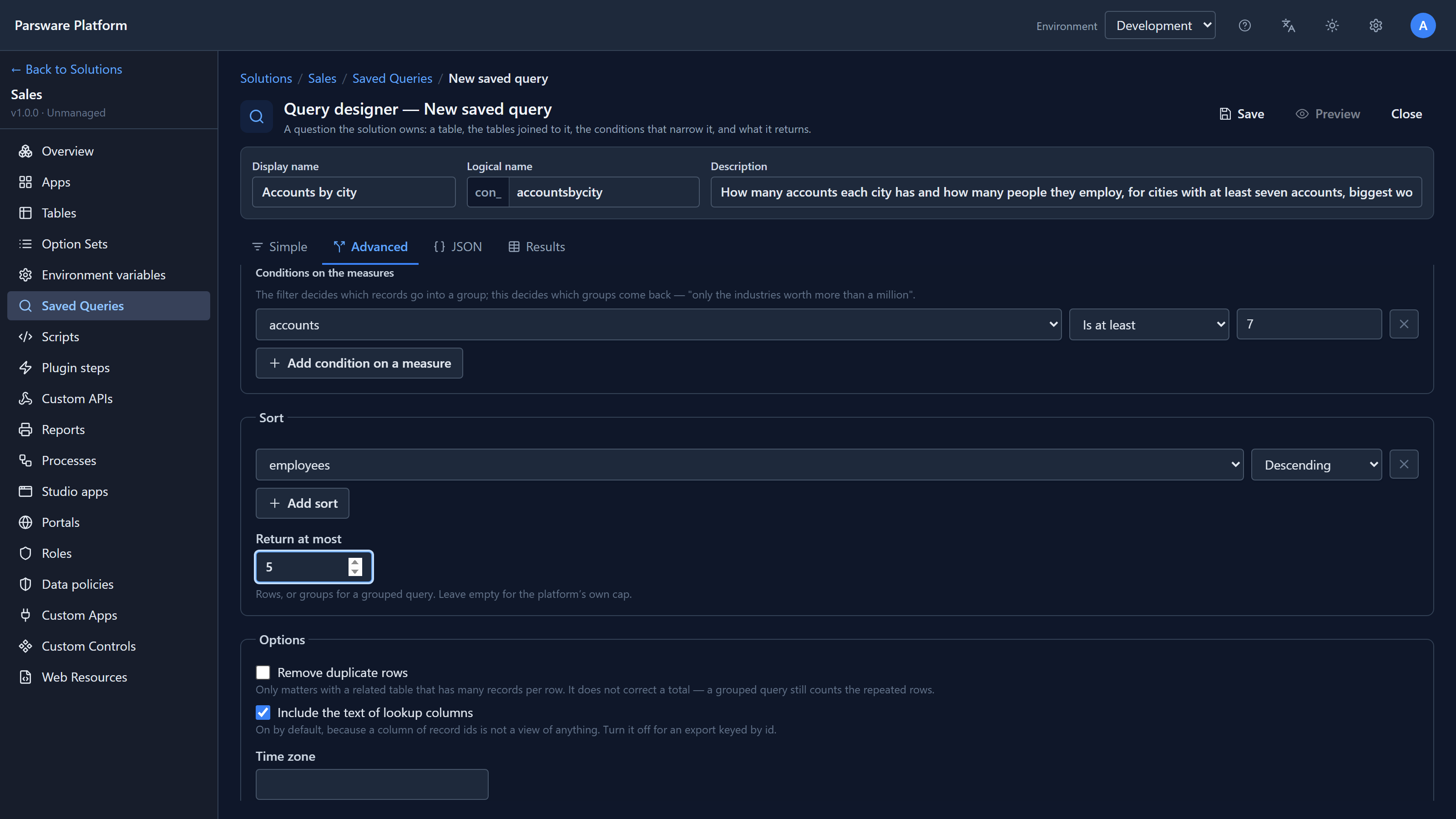 Sort by employees, Descending, and Return at most 5, above the Options: Remove duplicate rows, Include the text of lookup columns, and Time zone