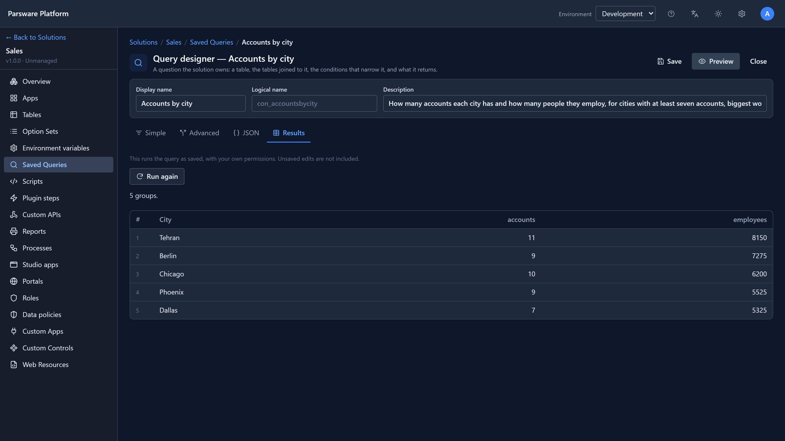The Results tab: 5 groups, with columns City, accounts and employees: Tehran 11 and 8150, Berlin 9 and 7275, Chicago 10 and 6200, Phoenix 9 and 5525, Dallas 7 and 5325