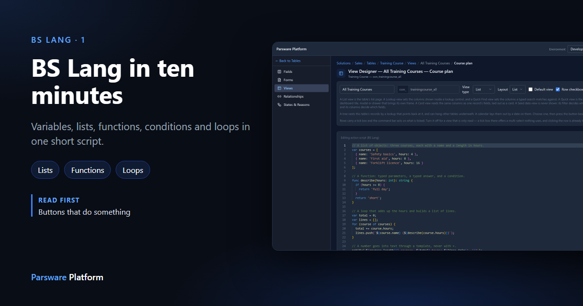 A BS Lang script in the dark-mode editor, with a list of three courses, a describe function and a loop, next to the title "BS Lang in ten minutes"