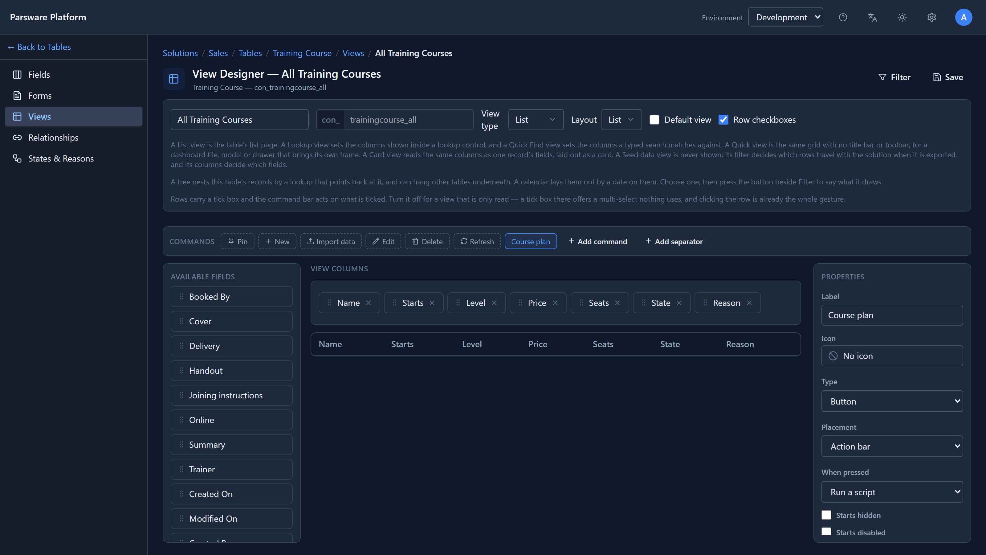 The View Designer for All Training Courses with a new Course plan command selected in the Commands strip, and its properties: Label Course plan, Type Button, Placement Action bar, When pressed Run a script