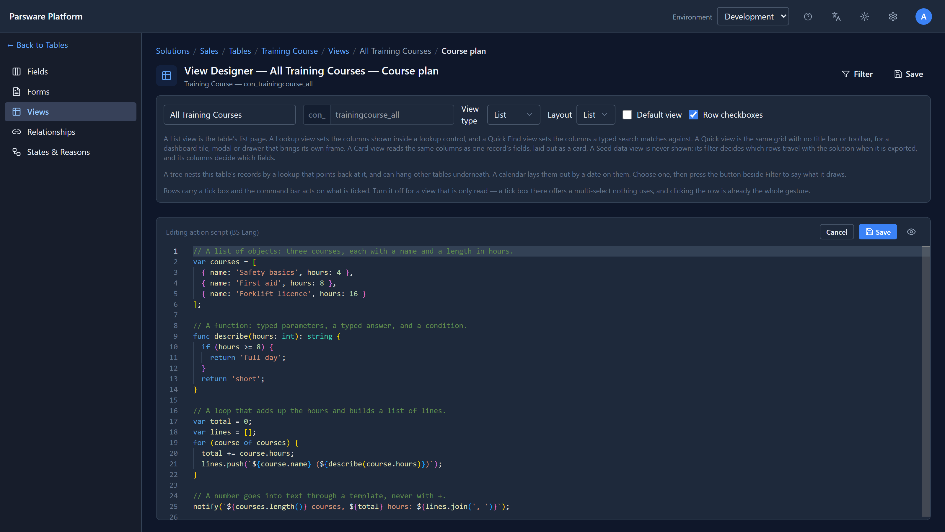 The BS editor with the Course plan script: a list of three courses, a describe function with an if, and a for loop that adds up the hours and pushes a line per course, ending with notify